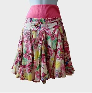 Vintage Bebe Womens Pink Bright Color Floral Chic Cute Pleated Midi 2000s Skirt